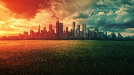 Fototapeta premium Sunset Over City Skyline with Colorful Clouds and Green Field