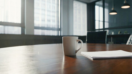 A serene and professional office setup, highlighting a coffee cup and paper on a wooden table.