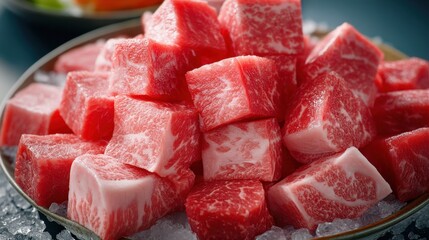 Close-up of fresh Wagyu beef cubes, marbled and vibrant, served on a chilled platter. Perfect for premium culinary experiences.