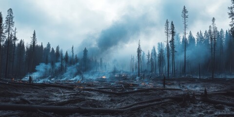 A forest area devastated by wildfires, with charred trees and smoke still lingering in the air