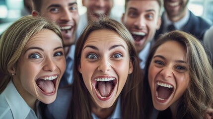 A group of people laughing. Young businesspeople are a key part of the corporate world. Employees express their happiness at the office. A bunch of individuals chuckling lifestyle.