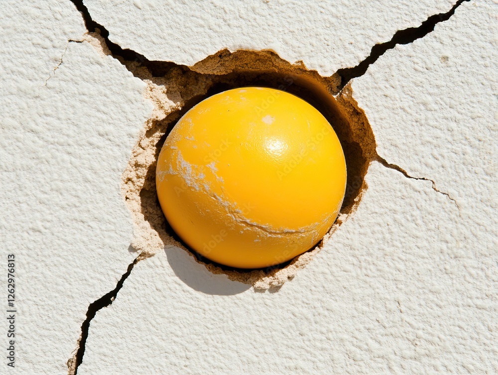 Poster a yellow ball is embedded in a cracked white wall, creating a striking visual contrast and an intrig