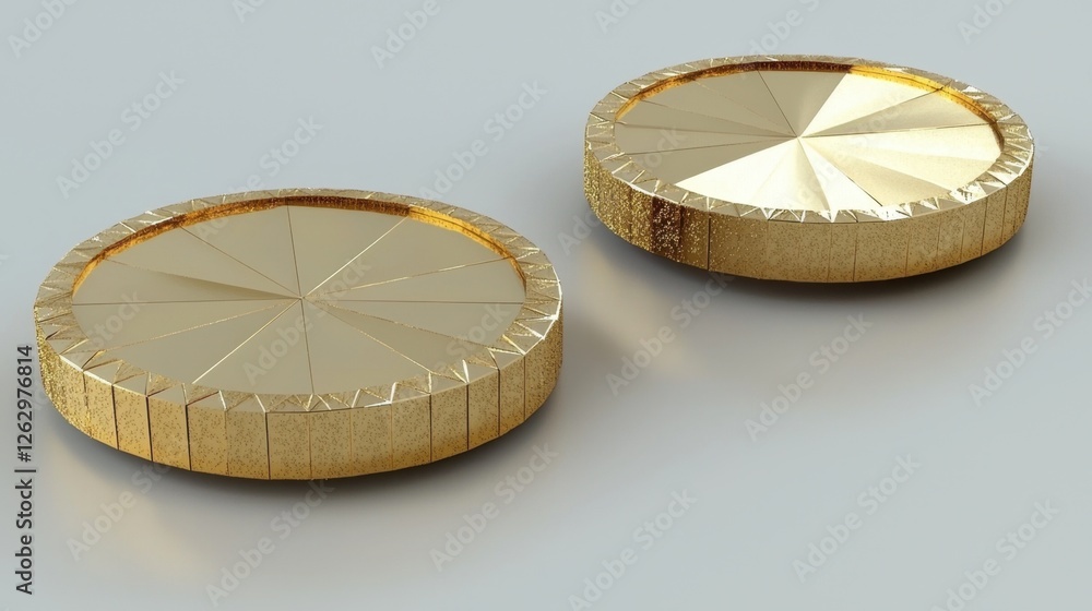 Poster a low-poly 3d golden coin with sharp facets and a reflective glittering surface.