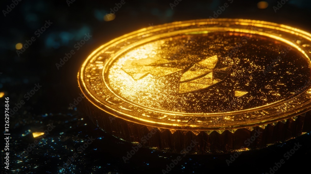 Poster a low-poly 3d golden coin with sharp facets and a reflective glittering surface.