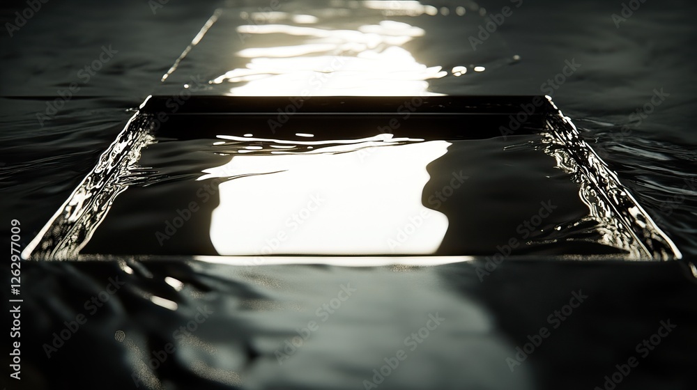 Poster a tranquil scene of water reflecting light, featuring a rectangular shape partially submerged, creat