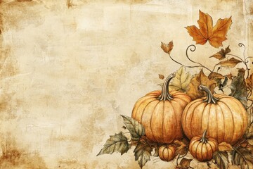 Pumpkins and autumn leaves arranged decoratively on an aged background