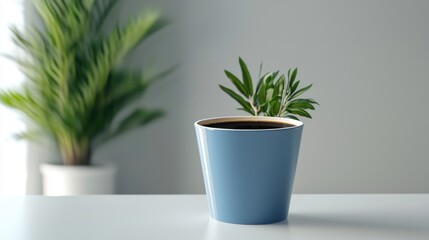 Fototapeta premium Morning Coffee Break: A Serene Moment of Calm with a Blue Mug and Greenery