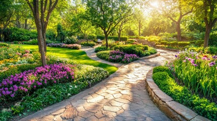 Serene Garden Pathway Surrounded by Colorful Flowering Plants