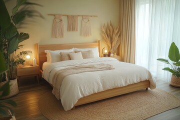 Cozy bedroom design with natural elements and soft lighting in a contemporary home setting