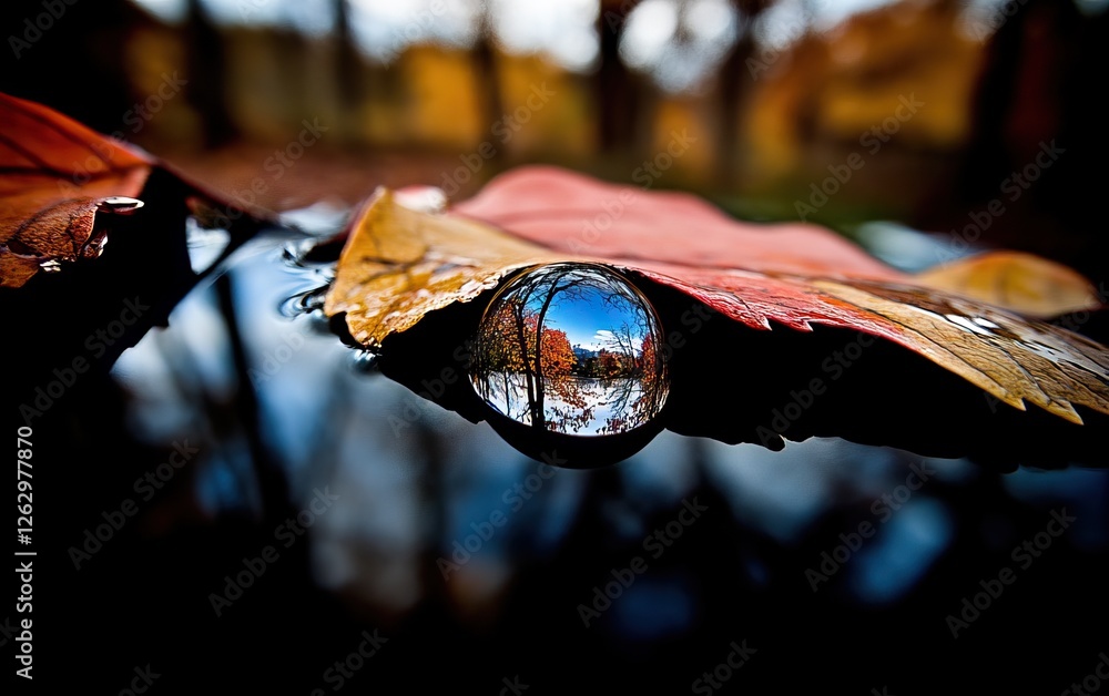 Poster a close-up image of a droplet resting on a colorful autumn leaf, reflecting the surrounding scenery 