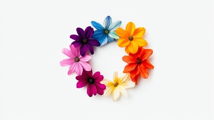 a vibrant floral wreath, spring blossoms arranged in a circular shape, decorative and elegant, isolated on white background