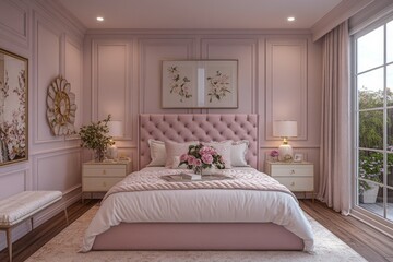 Fototapeta premium Elegant pink bedroom with floral decor, modern furnishings, and natural light from large windows