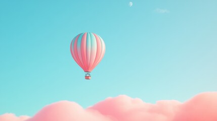 Obraz premium Dreamy Hot Air Balloon Flight Pastel Pink and Blue Stripes Soaring Above Fluffy Clouds in a Serene Sky