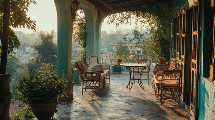 Obraz premium Serene Sunlit Terrace with Vintage Furniture and Lush Greenery