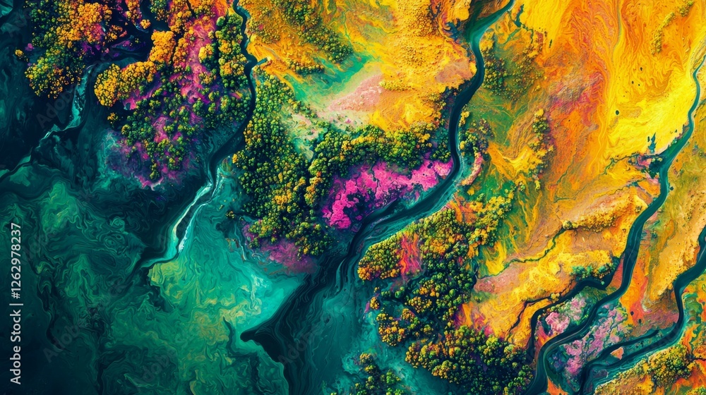 Poster vivid aerial view of colorful landscape with swirling patterns and trees