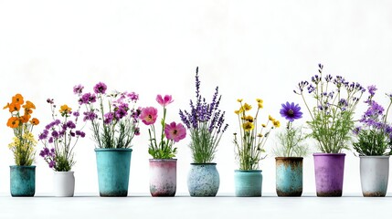 Fototapeta premium a vintage botanical garden scene, soft pastel flowers and antique plant pots, artistic realism, isolated on white background