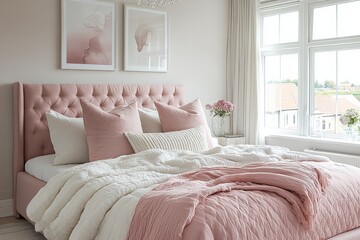 Obraz premium Cozy and elegant bedroom with soft pink accents and natural light illuminating a serene space with modern decor