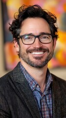 Portrait of a smiling man with glasses and curly hair