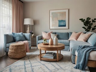 Fototapeta premium Modern Living Room Decor Pastel Colors Comfortable Furniture
