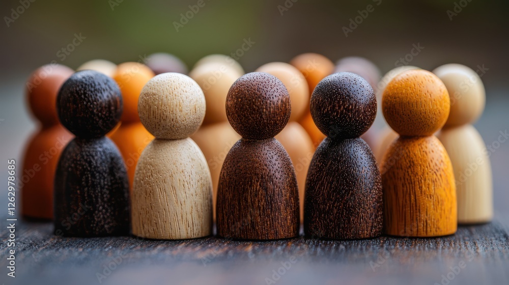 Poster wooden figurines representing diversity and teamwork, arranged in circle. warm colors and textures c