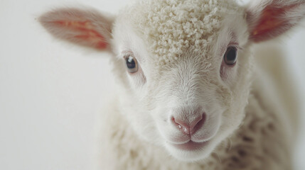 Fototapeta premium A young white lamb standing in a green meadow on a sunny day