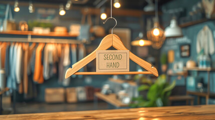 Second hand shop. Wooden hanger with label with text Second Hand hanging in sustainable boutique interior with blurred clothing racks in background. Concept of second hand store, sustainable shopping