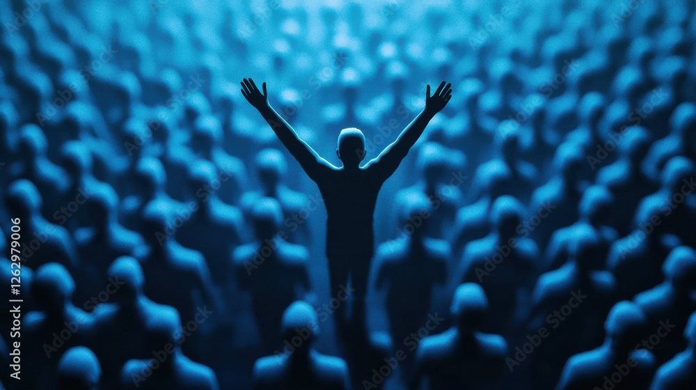 Poster empowered figure leading crowd, symbolizing unity and engagement. blue tones create dynamic atmosphe