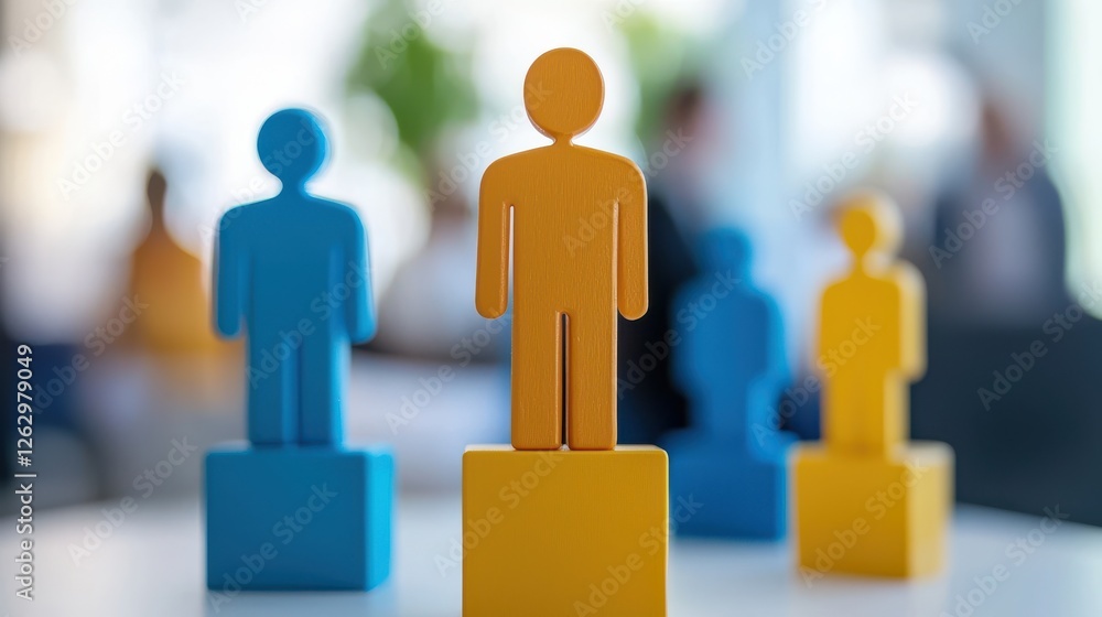 Poster engaging presentation with colorful figures representing employee engagement and teamwork. blue and 