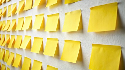 Retro yellow sticky notes create a vintage wall photography backdrop;  white isolated, showcasing aged paper texture.