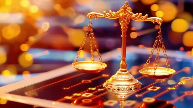 Golden Scales of Justice:  A close-up shot of antique golden scales of justice rests on a dark surface with circuit board patterns, set against a bokeh background of warm, golden lights.