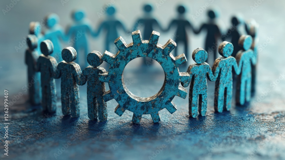 Poster collaboration and teamwork represented by figures holding hands around gear, symbolizing unity and p