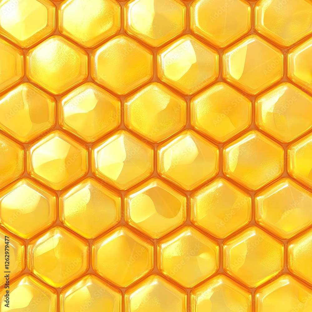 Poster a vibrant close-up of a honeycomb structure, showcasing hexagonal cells filled with golden honey, hi