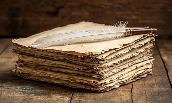 Antique Manuscripts with Quill Pen on Wooden Surface.