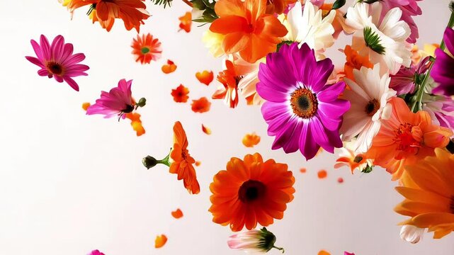 A Symphony of Bloom: Vivid pink, orange, and white gerbera daisies dance in a vibrant freefall, petals fluttering against a clean backdrop. This image captures the essence of joy, freshness.