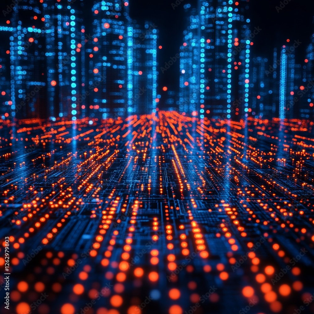 Poster a futuristic cityscape of illuminated digital data streams: a visualization of network connectivity,