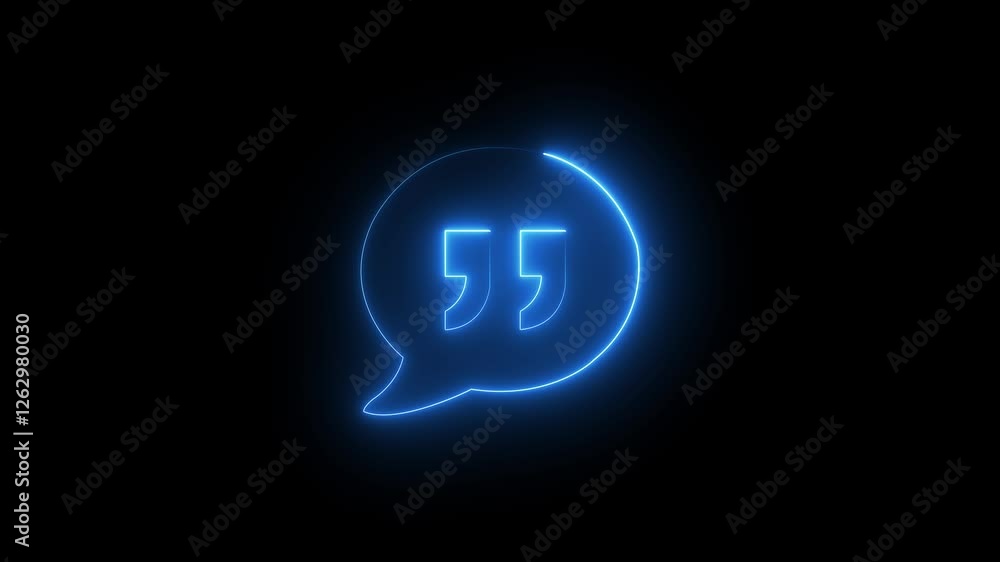 Poster glowing neon quotation mark symbol inside a speech bubble icon isolated on black background.quote ma