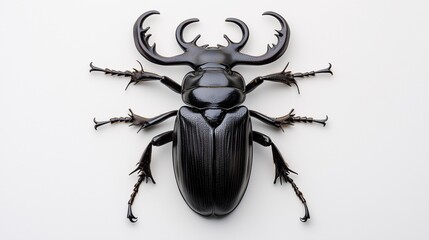 Fototapeta premium Large black stag beetle with curved mandibles on white background.