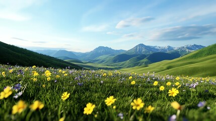 Fototapeta premium Blooming wildflowers, lush green valley in spring, 3D illustration