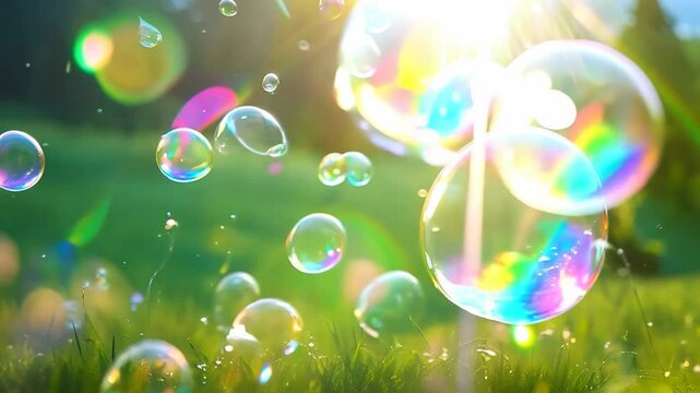 Colorful soap bubbles on green grass background in summer park. Banner with flying soapy glossy water sphere.