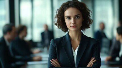 Fototapeta premium Woman business suit standing in front of group of people. Young businesswoman smiling in formal. Group of colleagues are wearing boardroom attire for a boardroom meeting. A woman lifestyle dressed in.