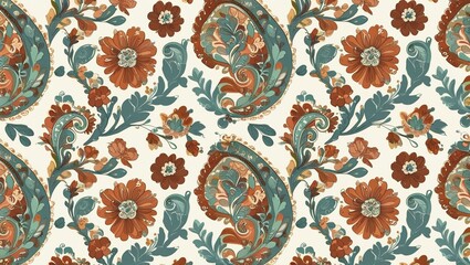 Naklejka premium Earthy-toned paisley and floral motifs on white, bringing a free-spirited, artistic touch.