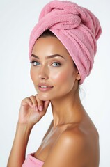 Beautiful Woman with Pink Towel Turban