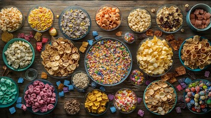 Fototapeta premium Colorful Assortment of Snack Foods and Cereals on Wooden Table Surface