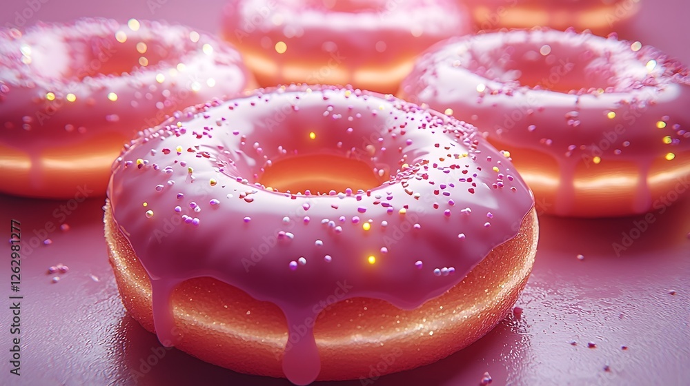 Poster glowing 3d mini donuts with vibrant frosting and sprinkles in a repeating dynamic pattern design