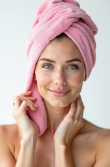 Beautiful Woman with Pink Towel Turban