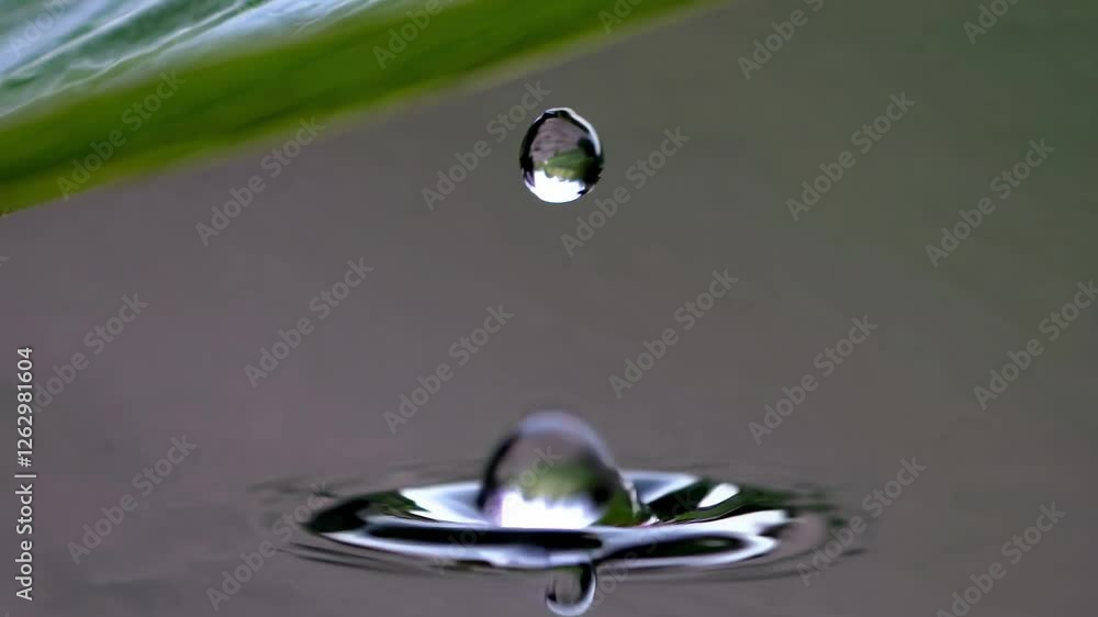 Poster close-up video of a dewdrop on a leaf, captured at a diagonal angle. the macro style highlights the 