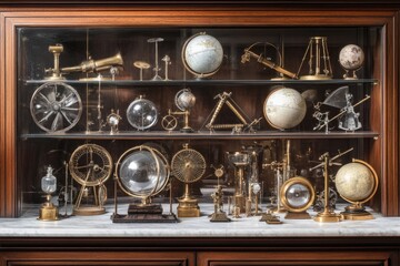 A collection of antique scientific instruments, including globes, telescopes, and mechanical models, displayed in a wooden cabinet.