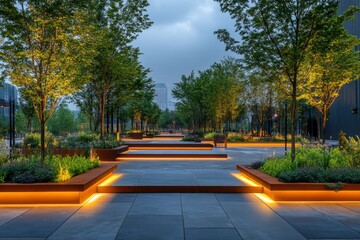 Obraz premium Illuminated Urban Park Pathway at Dusk Modern Landscape Design with Integrated Lighting