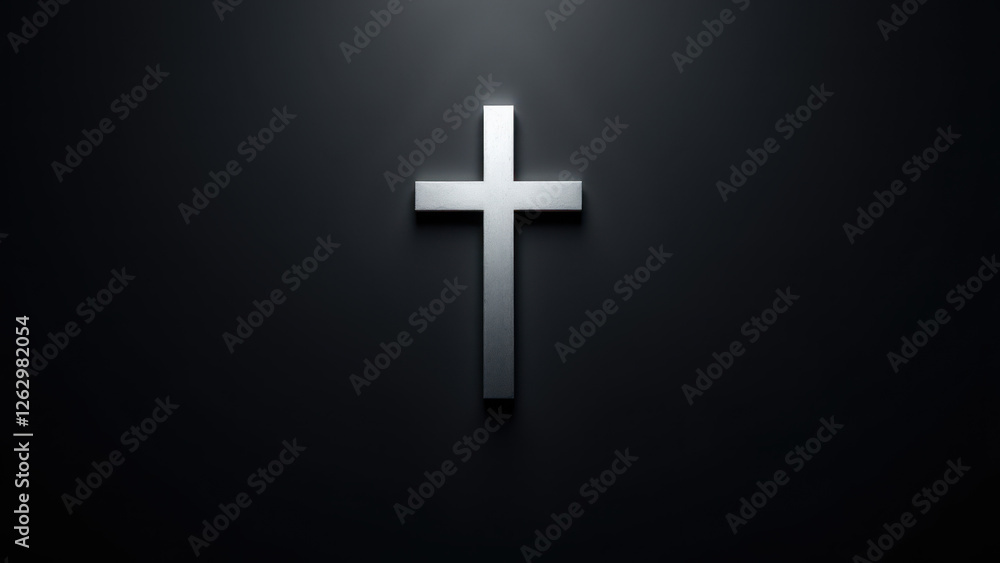 Poster christian cross in a dark setting with light highlighting its shape on the wall.