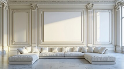 Sunlit sectional sofa in ornate room; interior design